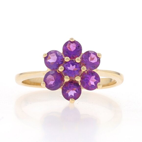 Yellow Gold Amethyst Flower Cluster Halo Ring - 14k Round 1.05ctw Blossom